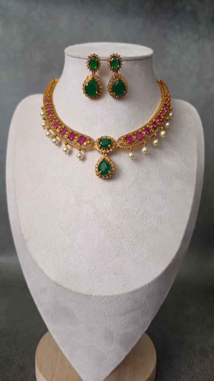 Premium Green and Pink Stones Pearl Necklace